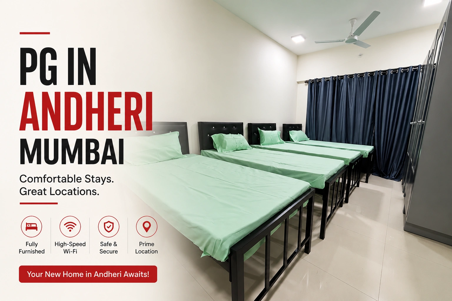 Furnished PG room in Andheri, Mumbai, managed by Meridian Stays