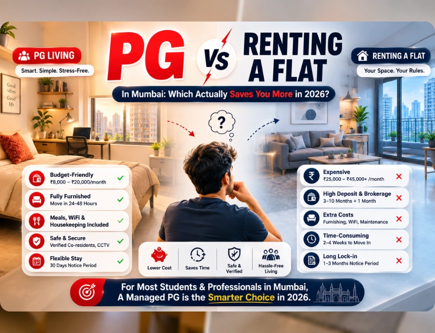 PG vs renting a flat in Mumbai - comparison guide by Meridian Stays, managed PG accommodation